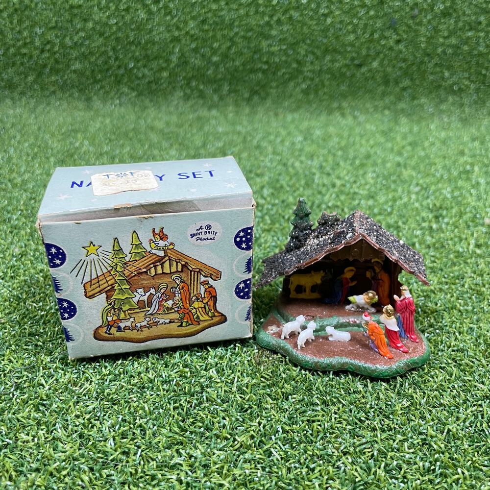 Vintage 1950s 60s Miniature Plastic Glitter Shiny Brite Nativity Set